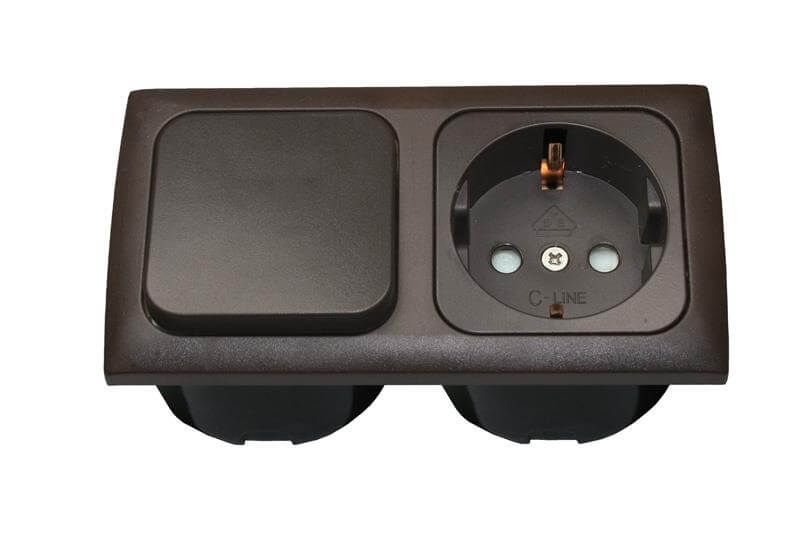 C-Line combinatie schakelaar en wandcontactdoos met Opal afdekraam 2 voudig bruin - verpakt