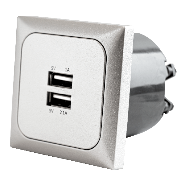 C-Line wandcontactdoos met dubbele USB-A lader met Opal afdekraam zilver - zonder verkoopverpakking