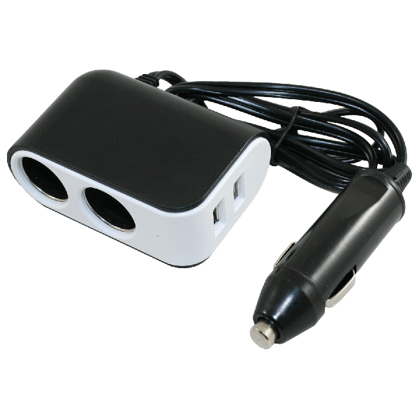 12V standaard adapter naar 2x UNI contactdoos en 2x USB-A