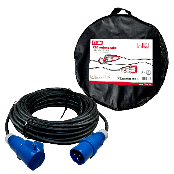 Verlengkabel 10 meter neopreen 3x 1.5mm² - CEE stekker en CEE contrastekker - in tas - TEUN
