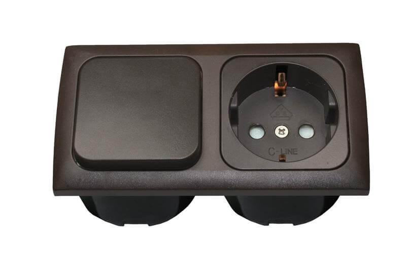 C-Line combinatie schakelaar en wandcontactdoos met Opal afdekraam 2 voudig bruin - verpakt